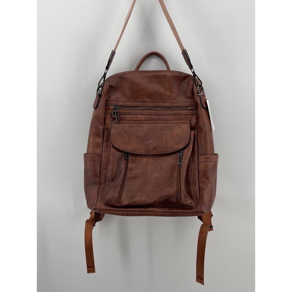 Shrrie Brown Faux Leather Backpack Purse Womens Large Multi Pocket NWT‎